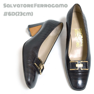 Salvatore Ferragamo■ロゴ金具クロコ型押しレザーパンプス　6D（23）ダークブラウン シューズ　フェラガモ