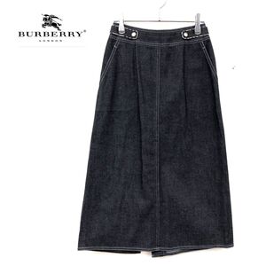 1I2175-W-S◆Burberry バーバリー デニムスカート 裏地なし バックジップ シンプル ミモレ丈◆size:7 ブラックデニム系 コットン 他