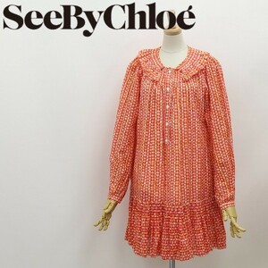 ◆SEE BY CHLOE シーバイ クロエ 総柄 フリル シャーリング シルク混 ワンピース 40