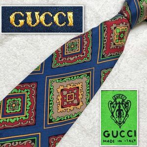 ■美品■GUCCI グッチ　ネクタイ　スカーフ風　総柄　シルク100% イタリア製　ブルー×マルチカラー　ビジネス