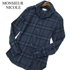 MONSIEUR NICOLE ムッシュ ニコル 秋冬 長袖 ホリゾンタルカラー★ チェック ネル シャツ Sz.46　メンズ ネイビー　A3T10756_9#B