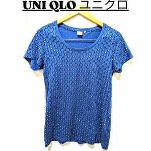 UNI QLO ユニクロ トップス レディース Tシャツ 半袖 Uネック かわいいデザイン カジュアル ブルー(白ドット柄) L / nr2-023