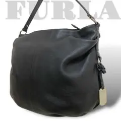 415美品【フルラ】FURLA ワンショルダーバッグ トート レザー シボ革 黒