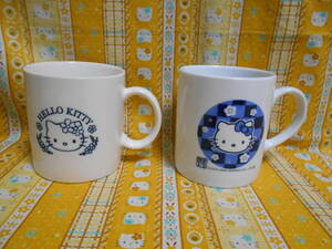 ♪キティ美品＆新品サンリオハローキティ陶器製藍色イラストマグカップ２種2001＆はろうきてぃ2004