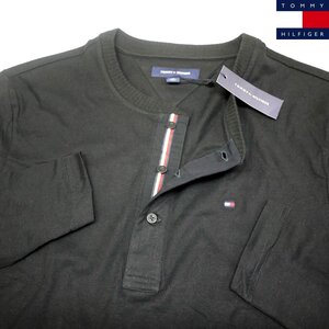 新品 トミーヒルフィガー ヘンリーネック 長袖Tシャツ (M) ブラック ロンT カットソー 刺繍ロゴ TOMMY HILFIGER USAモデル /ja160