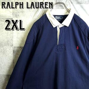 美品 ビッグサイズ Polo by Ralph Lauren ポロバイラルフローレン 長袖 ラガーシャツ　レッドポニー 刺繍ロゴ ネイビー 紺 2XL