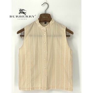 A8300/極美品 春夏 BURBERRY LONDON バーバリー ロンドン ロゴ総柄 マオカラー ノースリーブ シャツ40 M程 オレンジ/イタリア製 レディース