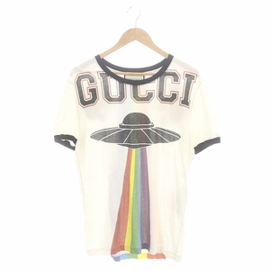 グッチ GUCCI ドラゴン UFO Tシャツ 半袖 総柄 刺繍 ダメージ加工 オフホワイト マルチカラー 476035 /MI ■OS メンズ