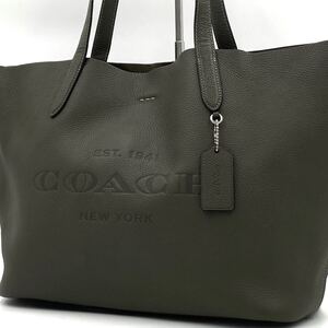 1円 【極美品】 COACH コーチ ハドソン トートバッグ ビジネス レザー A4可 ロゴ 彫刻 肩掛け 大容量 本革 ブリーフケース カーキ メンズ 