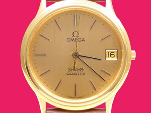 ■♪価格高騰! 資産価値！ 稼働 電池新品 メンズ ビンテージ 高級超レア！ OMEGA オメガ Deville デビル デートクオーツベルト新品尾錠純正