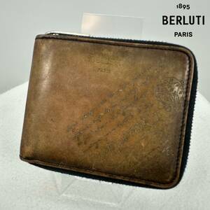 BERLUTI ベルルッティ イタウバスクエア カリグラフィ ラウンドファスナー コンパクトウォレット 折り財布 レザー ブラウン