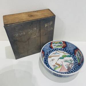 NA9168 色絵 鉢 丸皿 大鉢 皿 取り皿 飾り皿 和食器 陶器 骨董品 古美術 アンティーク レトロ 時代物 箱有り 検M