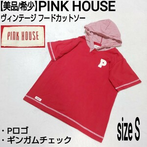 【美品/希少】PINK HOUSE ピンクハウス ヴィンテージ フードカットソー Tシャツ Pロゴ ギンガムチェック レッド レディース Sサイズ