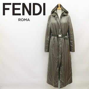 ヴィンテージ◆FENDI jeans フェンディ ロゴベルト付 フーデッド 中綿 マキシ丈 ロング コート カーキ 40