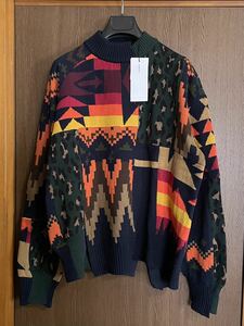 4新品 sacai レディース パッチワーク ニット シャツ 総柄 切り替え ハイネック セーター 21SS size 4 L サカイ 長袖 ダークネイビー