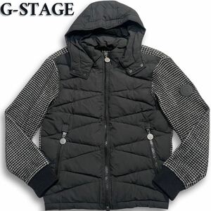 極美品/希少L◎ ジーステージ G-STAGE ダウンジャケット 異素材MIX ニット切替 フード着脱可 ロゴワッペン 黒 ブラック 46 入手困難◎