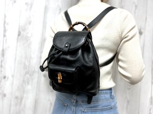 極美品 GUCCI グッチ バンブー リュックサック バッグ レザー 黒 80010