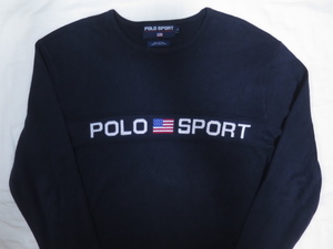 90s POLO SPORT ロゴ コットン ニット カットソー ロンT 薄手 L ネイビー ポロスポーツ RALPH LAUREN ラルフローレン 星条旗 香港製