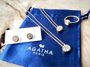 【AGATHA】アガタ　925 シルバー　一粒ビジュー　ネックレス　ピアス　ブレスレット　指輪13.5号　4点セット　ゴールド