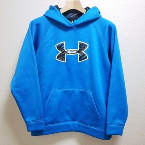 26▲a408B☆USED品【YXL】UNDER ARMOUR　ジュニア　UA STORM アーマーフリースビッグロゴフーディー　ブルー　撥水　現状