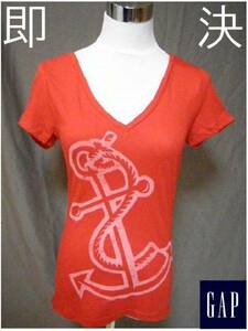 即決 USA正規店購入 GAP 大胆Vネック 袖短TシャツUS S （RED）