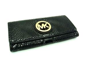 ■美品■ MICHAEL KORS マイケルコース リザード型押しレザー 二つ折り 長財布 ウォレット 札入れ 小銭入れ ブラック系 DG7117