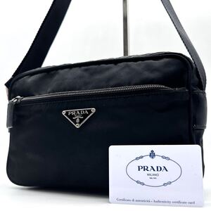 3172【最高峰】PRADA プラダ ショルダーバッグ カメラバッグ 斜め掛け ポコノ 三角ロゴプレート テスートナイロン レザー 本革 ブラック