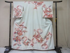 1円 中古 正絹 着物 訪問着 縮緬 式典 和装 正月 アンティーク 七宝 四季花 草花 高級 袷 身丈152cm 裄65cm【夢職】★★★