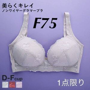 新品16478 F75 グレー グラマーさんのためのノンワイヤー 美らくキレイノンワイヤーフルカップブラジャー花柄レース 美胸 大きいサイズ