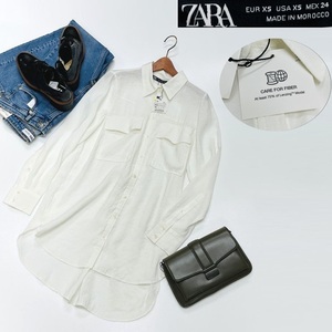 未使用品 /XS/ ZARA ホワイト ロングシャツ ポケット レディース タグ カジュアル トップス 通勤 フェミニン 大人可愛い白 デイリー ザラ