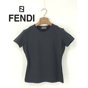 A9219/ビンテージ 80s 90s 極美品 春夏 FENDI フェンディ ナイロン 半袖 袖ロゴ クルーネック Tシャツ カットソー I42 M程 黒 レディース