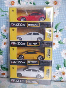 B7　『ＲＭＺ Ｃｉｔｙ　ミニカー～ポルシェ911ターボ（赤）＆ＢＭＷ（白）＆ランボルギーニ（黄）＆アウディ（白）４台まとめて』～箱付き