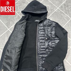 【幻のXL】最高傑作 極美品 DIESEL ディーゼル エンボスジャケット パーカー XLsize 黒 中綿ナイロン切替【浮かび上がるDIESEL】極上品