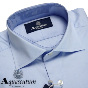 【未使用・訳有】定価2.6万アクアスキュータム Aquascutum《確かな作りの日本製》ワイドカラー ドレスビジネス 長袖シャツ 39-82 サックス