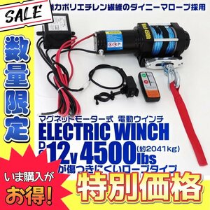 【数量限定】電動ウインチ 12v 4500LBS 傷つきにくいロープタイプ リモコン付 最大牽引2041kg ダイニーマロープ 引き上げ けん引 小型