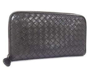 1円 ■美品■ BOTTEGA VENETA ボッテガヴェネタ イントレチャート レザー ラウンドファスナー 長財布 ウォレット ダークブラウン系 FI4270