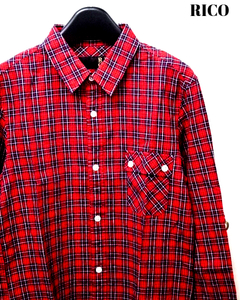 S【RICO CHECK SHIRT 06-9H-2009 RED リコ チェック柄 7分袖 袖ロールアップデザイン 2WAY シャツ 麻混 レッド】