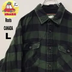 usa古着 RootsCANADA ヘヴィー　ネルシャツ　L グリーン　ブラック