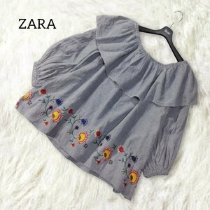 36 【ZARA WOMAN】 ザラ 花刺繍 オフショルダー ギンガムチェック トップス シャツ ブラウス М ネイビー フリルカラー ゆったり 春夏