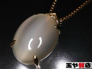 美品 ムーンストーンキャッツアイ8.00ct ダイヤ0.04ctデザインペンダント ベネチアンネックレス K18YG イエローゴールド 鑑別書