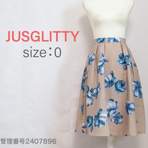 【訳ありお買得】JUSGLITTY(ジャスグリッティー)ボタニカルフラワープリント　ひざ丈フレアスカート　くすみピンク　S