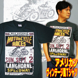 モーターサイクル レース【半袖】L /アメリカンヴィンテージ風レトロTシャツ・バイク レーサー バイカー ライダー ビンテージ Tシャツ