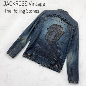 コラボジャケットThe Rolling Stones デニム　3 ロゴ刺繍　シングルライダース　レザーワッペン　バンドカラー　デニムライダース