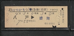 国鉄仙台印刷 はつかり4号 八戸＞盛岡 列車名 ゴム印 緑地紋 D型 硬券特急券 下パンチ券 種市駅発行
