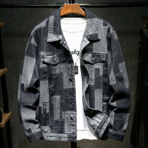 メンズ バイクウェア 切替 配色 チェック柄 デニムジャケット 紳士服 トップス アウター おしゃれ 黒/XLサイズ