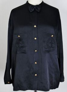 80S vintage CHANEL coco silk blouse black シャネル ココマーク ボタン シルク ブラウス シャツ リボン タイ ボウタイ b8467