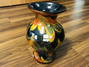 送料込み　ヴィンテージ　花瓶　手作りガラス　ART GLAS 未使用品　黒オレンジ