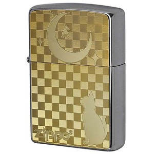 Zippo ジッポライター ネコ 猫 Cat 月 ゴールドプレート ＃200 メタルプレート 両面加工 ニッケルメッキ 2MP-ネコと月 メール便可