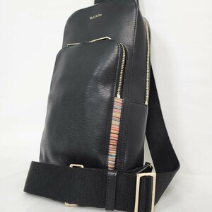 1円～【美品/近年モデル】Paul Smith ポールスミス メンズ ボディバッグ ショルダー 肩掛け 斜め掛け マルチストライプ ロゴ レザー 本革