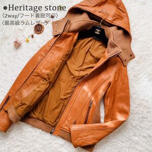 HERITAGE STONE●極美品●最高級ラムレザー 2way フーデットレザージャケット シワ加工 リブ袖 シングルライダース リアルレザー M